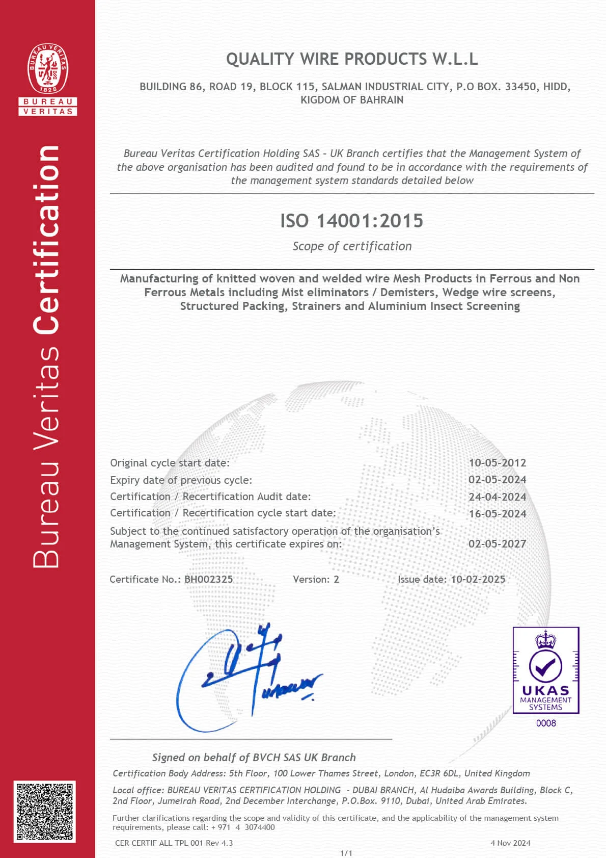 Quality Wire Products Certificate 14K
